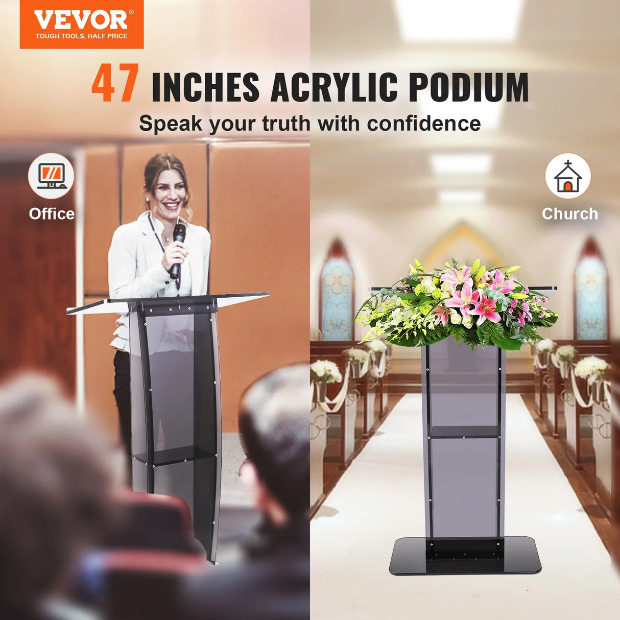 VEVOR 47" Acrylic Podium Stand Floor-Standing Clear Pulpits Acrylic Desktop Lecterns W/ Storage Shelf  for Church Office School