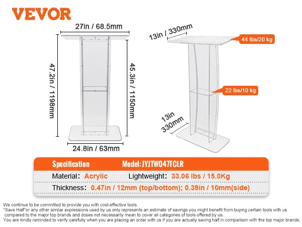 VEVOR 47" Acrylic Podium Stand Floor-Standing Clear Pulpits Acrylic Desktop Lecterns W/ Storage Shelf  for Church Office School