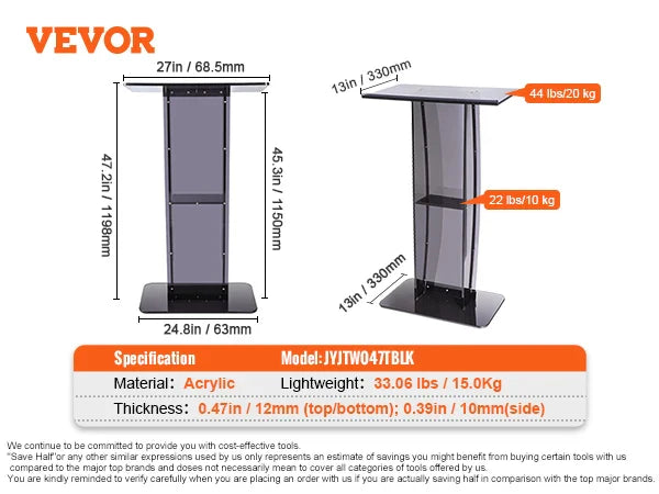 VEVOR 47" Acrylic Podium Stand Floor-Standing Clear Pulpits Acrylic Desktop Lecterns W/ Storage Shelf  for Church Office School