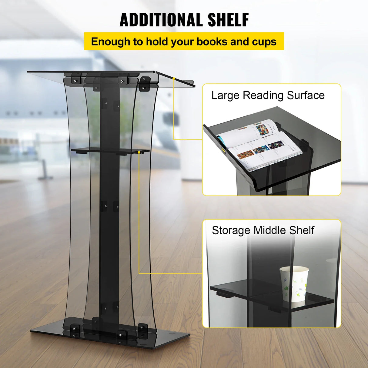 VEVOR 47" Clear Podium Stand Floor-Standing Acrylic Podium Lectern W/ Reading Surface & Storage Shelf  for Church Office School