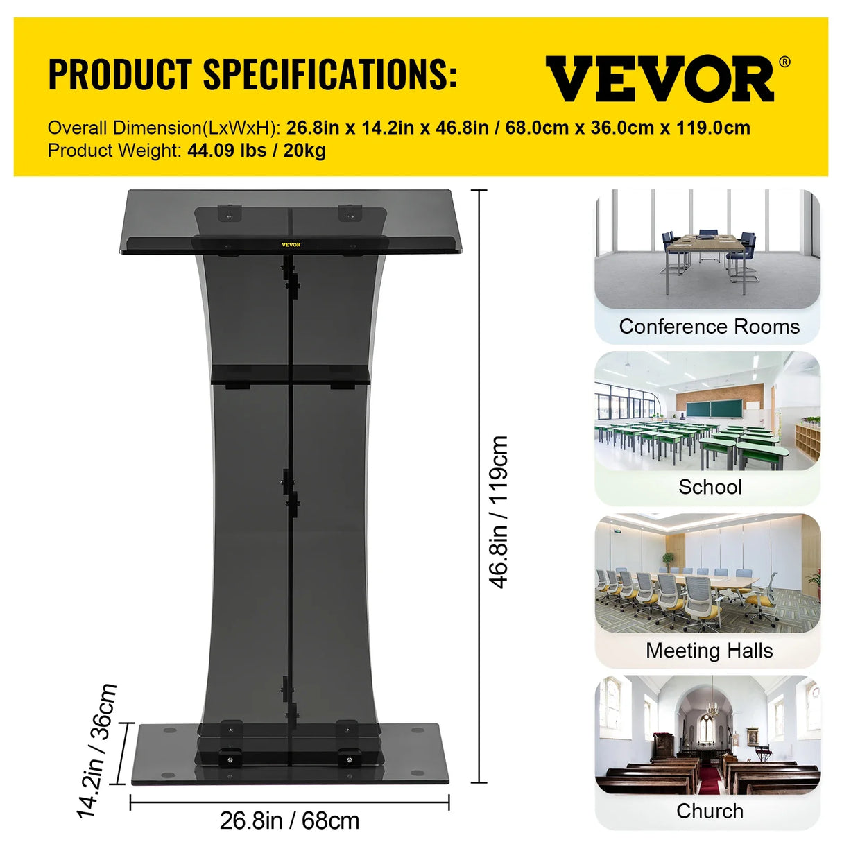 VEVOR 47" Clear Podium Stand Floor-Standing Acrylic Podium Lectern W/ Reading Surface & Storage Shelf  for Church Office School