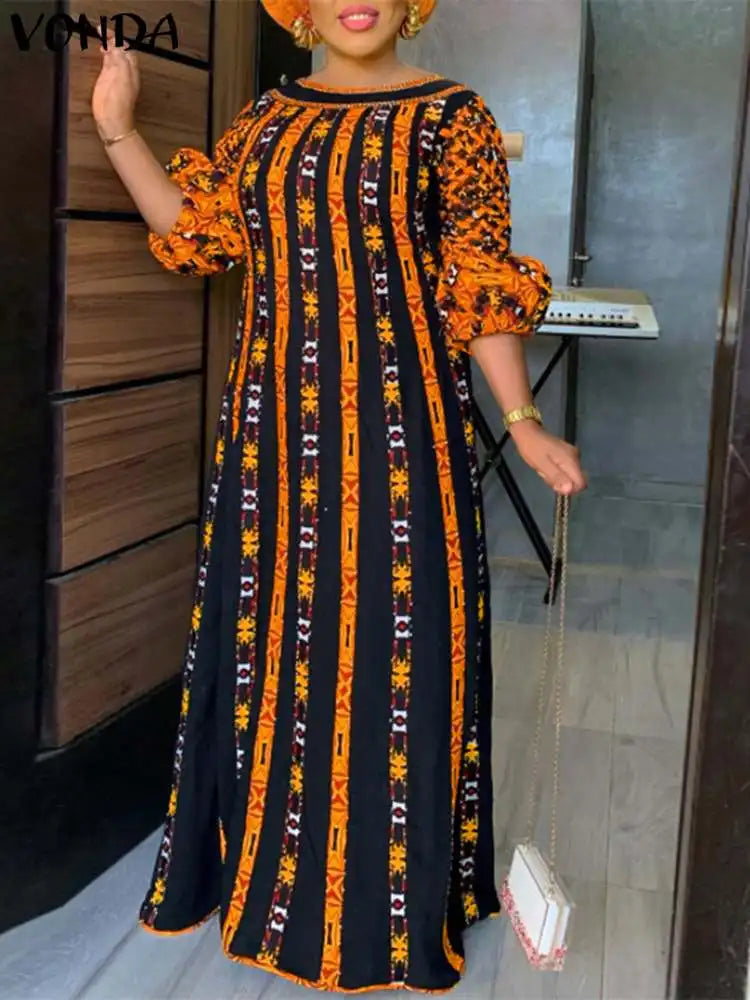 VONDA Plus Size 5XL Dress Women Long Maxi Sundress 2024 O-Neck Printed Casual Bohemian Robe Femme Lantern Sleeve Party Vestido