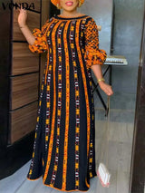 VONDA Plus Size 5XL Dress Women Long Maxi Sundress 2024 O-Neck Printed Casual Bohemian Robe Femme Lantern Sleeve Party Vestido