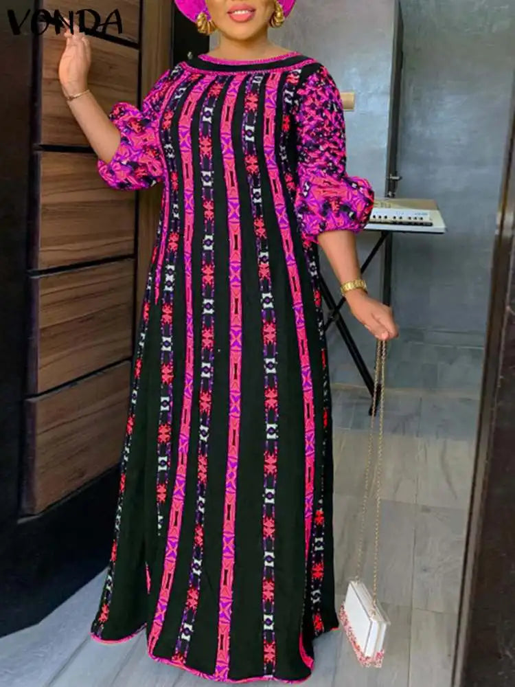 VONDA Plus Size 5XL Dress Women Long Maxi Sundress 2024 O-Neck Printed Casual Bohemian Robe Femme Lantern Sleeve Party Vestido