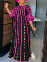 VONDA Plus Size 5XL Dress Women Long Maxi Sundress 2024 O-Neck Printed Casual Bohemian Robe Femme Lantern Sleeve Party Vestido