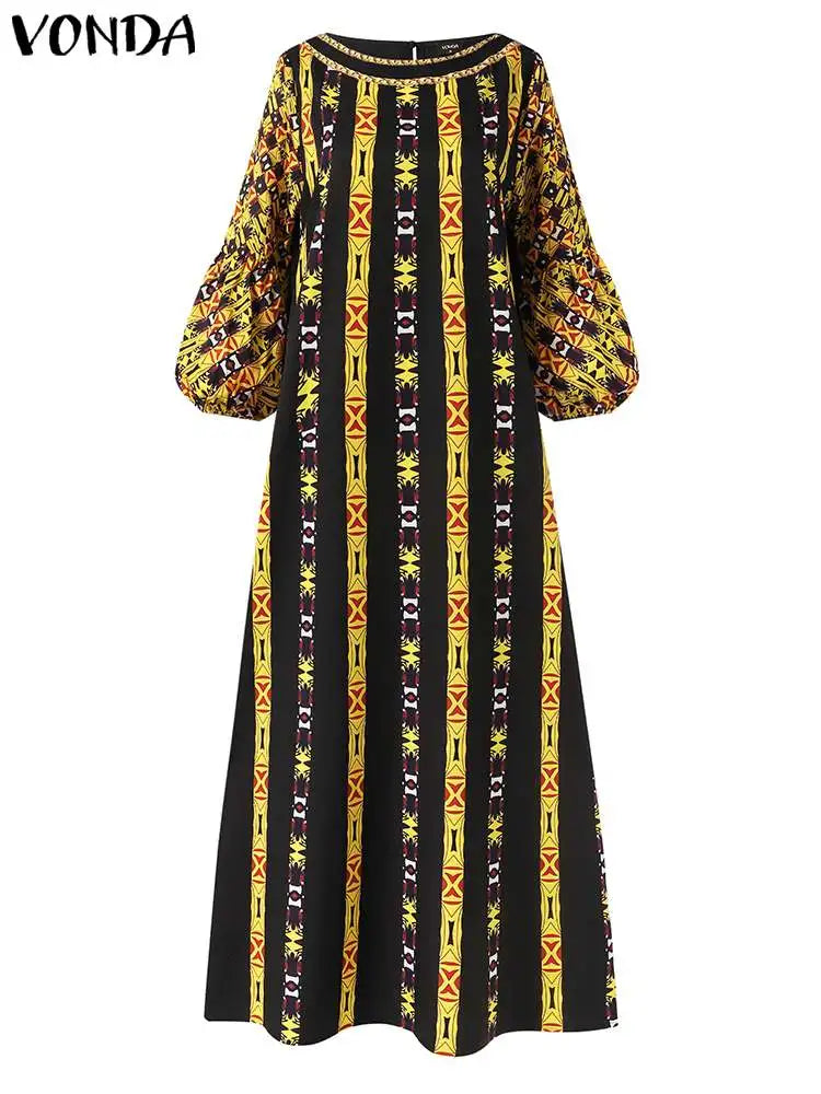 VONDA Plus Size 5XL Dress Women Long Maxi Sundress 2024 O-Neck Printed Casual Bohemian Robe Femme Lantern Sleeve Party Vestido