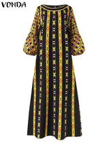 VONDA Plus Size 5XL Dress Women Long Maxi Sundress 2024 O-Neck Printed Casual Bohemian Robe Femme Lantern Sleeve Party Vestido