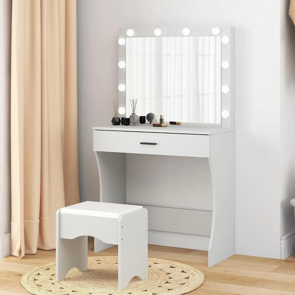 Vanity Desk with Mirror and Adjustable Lights, One Drawer Storage Makeup Table with Stool - Vanity Set for Bedroom (White)