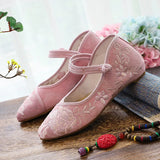 Veowalk Soft Comfortable Women Jacquard Cotton Pointy Toe Mary Jane Flats Retro Chinese Style Ladies Embroidered Walking Shoes