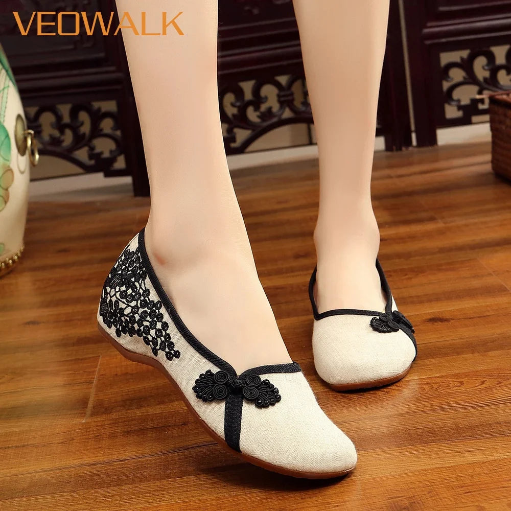 Veowalk Women Cotton Fabric Embroidered Slip On Ballet Flats Retro Chinese Style Ladies Casual Soft Comfortable Ballerinas Shoes