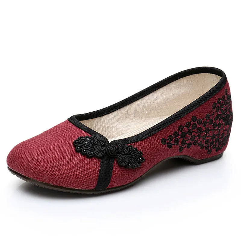 Veowalk Women Cotton Fabric Embroidered Slip On Ballet Flats Retro Chinese Style Ladies Casual Soft Comfortable Ballerinas Shoes