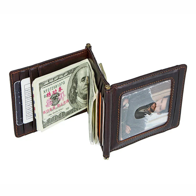 Vintage Crazy Horse Leather Men Money Clips 3 Folded Cash Clip Clamp For Money Zipper Coin Pocket 12 Card Slots Men Wallets RFID