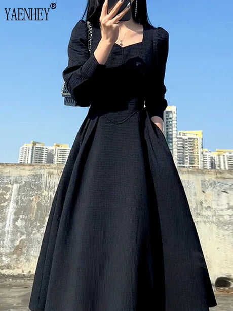 Vintage French Design Maxi Midi Dresses for Women Clothing Party Elegant Square Neck Black Long Dress Korean Fashion Autumn 2023