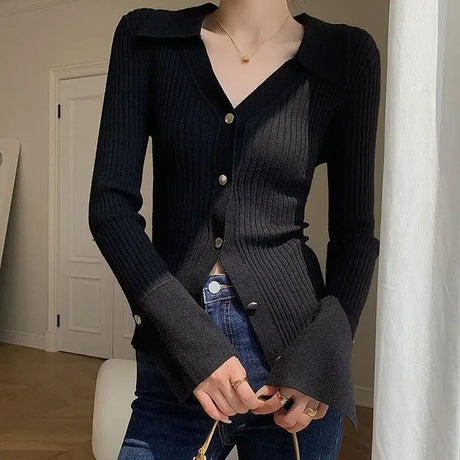 Vintage Luxury Knitted Cardigan Long Sleeve Tops Slim Sweater Polo Large Lapel Korean Fashion Coats High Quality Autumn Jacket