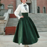 Vintage lantern sleeves, white shirt, green high waisted sealed large skirt set, French European clothing Lolita