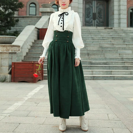 Vintage lantern sleeves, white shirt, green high waisted sealed large skirt set, French European clothing Lolita