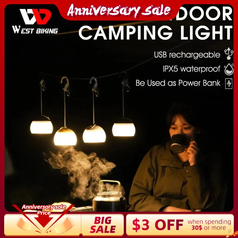 WEST BIKING Camping Tent Light Hanging Camping Lanterns Portable USB Rechargeable Light Led Camp Lamp for Outdoor Emergency