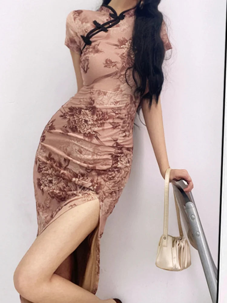 WOMENGAGA Retro Cheongsam Summer High Slim Elegant Flower Long Maxi Dress Hot Sexy Korean Women Tops 2022 Robe Sweet 45I4