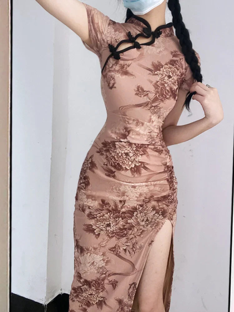 WOMENGAGA Retro Cheongsam Summer High Slim Elegant Flower Long Maxi Dress Hot Sexy Korean Women Tops 2022 Robe Sweet 45I4