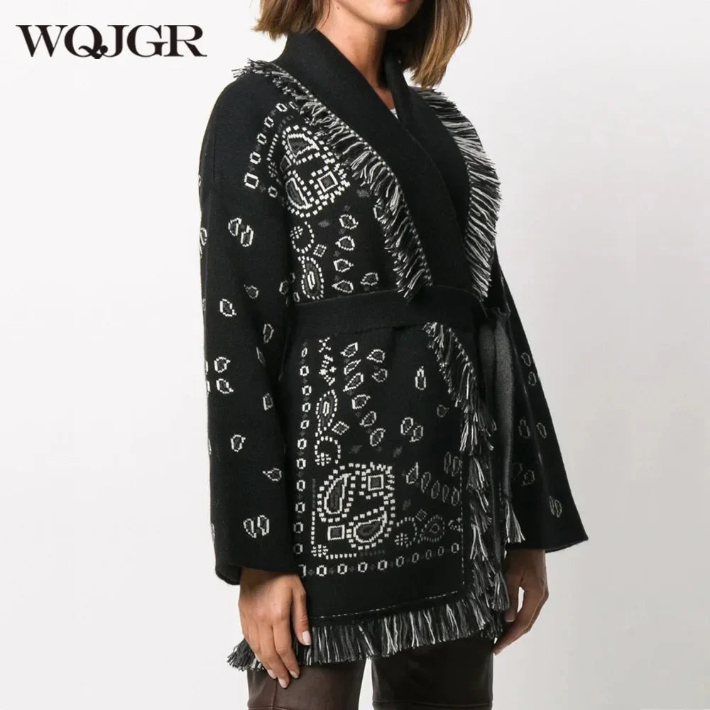 WQJGR High Quality Jacquard Cardigan Sweater Women Wool Cashmere Kniited Tassel Loose Full Sleeve Fashion Autumn Winter