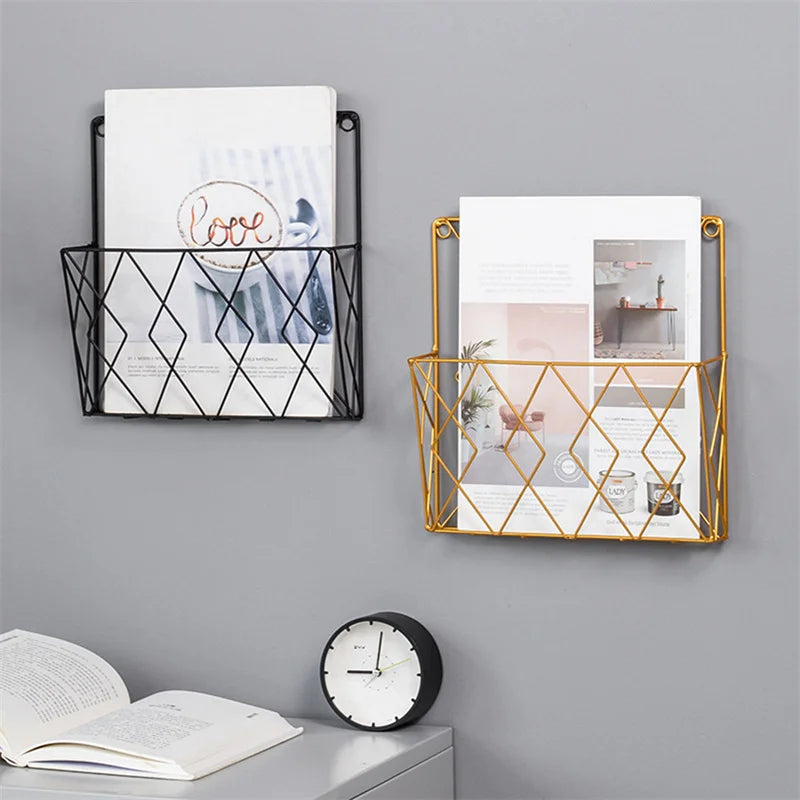 Wall Mounted Magazines Storage Rack Hollow Book Wall Shelf Space-saving Bookcase Grid Design Newspaper Holder for Study Room