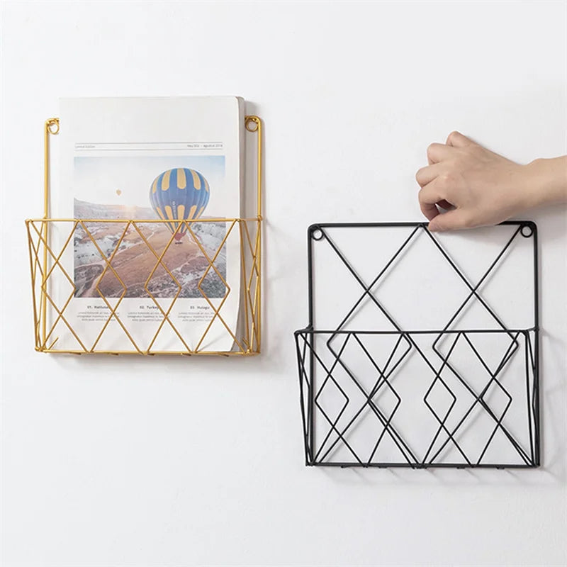 Wall Mounted Magazines Storage Rack Hollow Book Wall Shelf Space-saving Bookcase Grid Design Newspaper Holder for Study Room