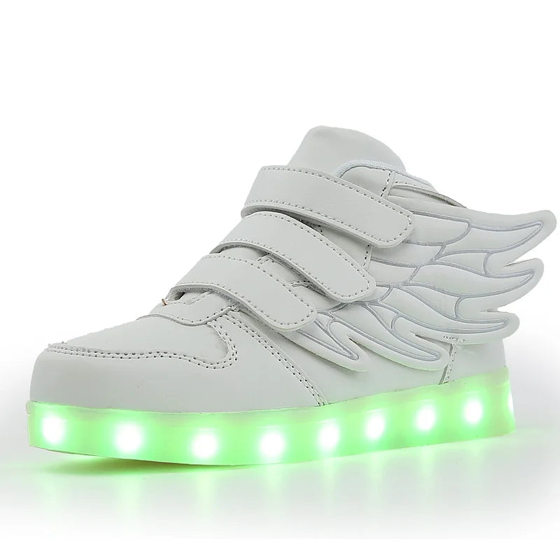 Waterproof Leather Kids Luminous Shoes Sneakers Led Light Shoes with Wing USB Charging Casual Sports Shoes Girls Skateboard Shoe