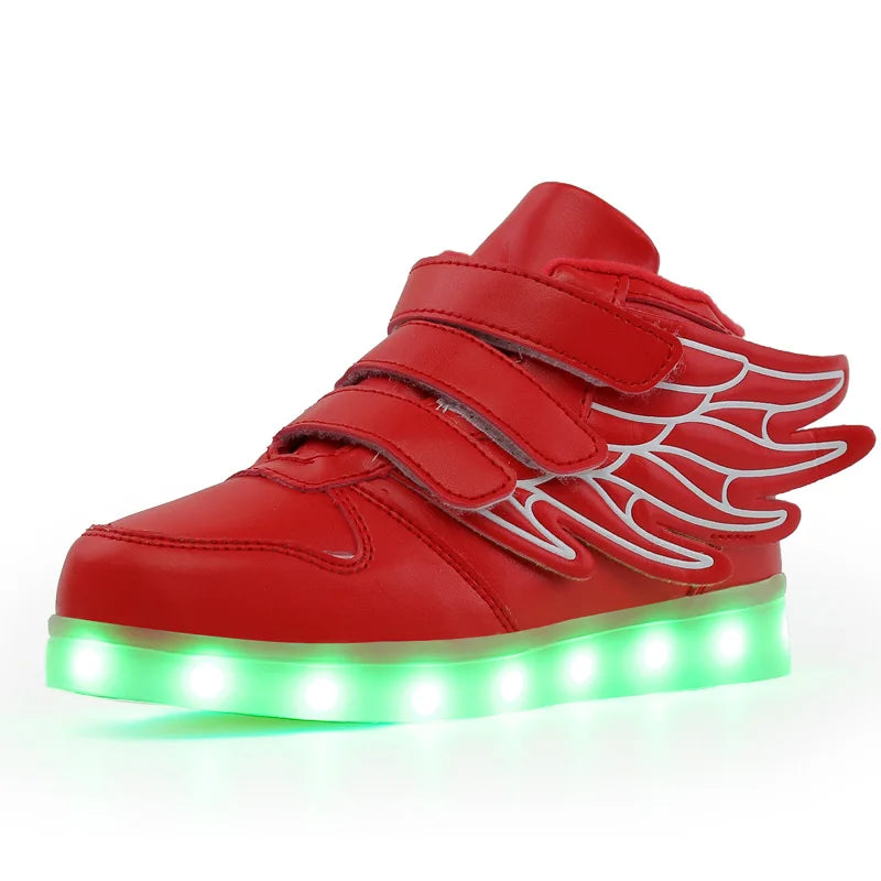 Waterproof Leather Kids Luminous Shoes Sneakers Led Light Shoes with Wing USB Charging Casual Sports Shoes Girls Skateboard Shoe