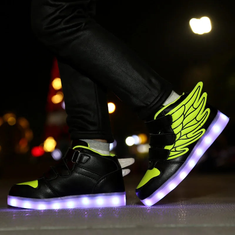 Waterproof Leather Kids Luminous Shoes Sneakers Led Light Shoes with Wing USB Charging Casual Sports Shoes Girls Skateboard Shoe