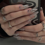 Wearable Silver Stripes Y2k False Nails Long Almond Round Fashion Nail Tips Press On With Silver Beads Designs Fake Nails Art