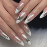 Wearable Silver Stripes Y2k False Nails Long Almond Round Fashion Nail Tips Press On With Silver Beads Designs Fake Nails Art