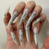 Wearable Silver Stripes Y2k False Nails Long Almond Round Fashion Nail Tips Press On With Silver Beads Designs Fake Nails Art