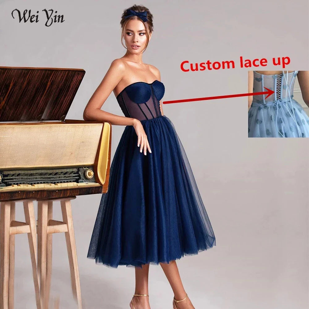 Weiyin AE0775 2024 Simple Green Tulle A Line Short Prom Dresses Sweetheart Sheer Corset Top Tea Length Formal Party Gowns