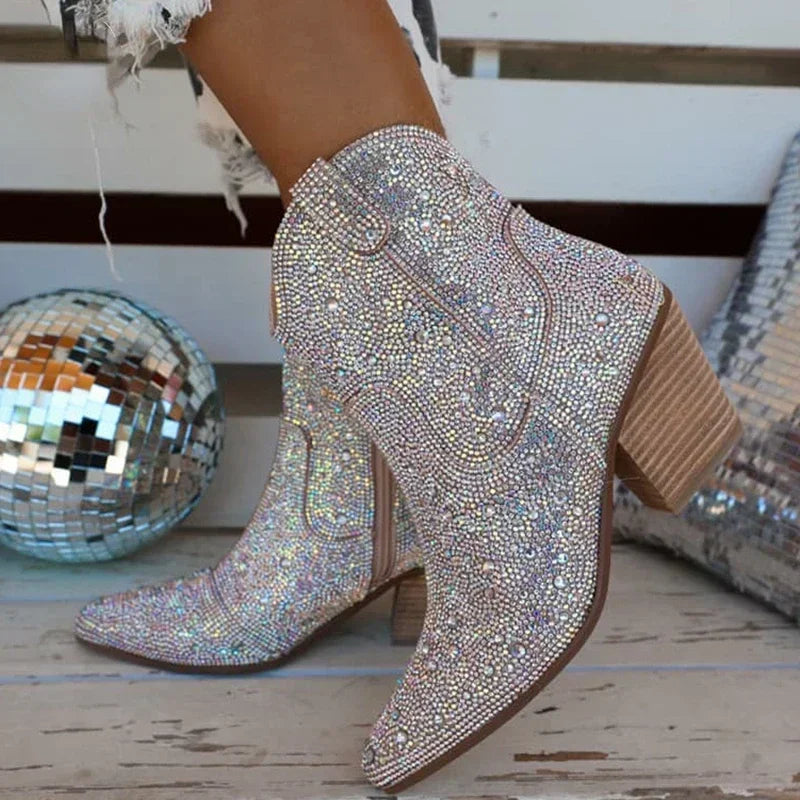 Western Cowboy Boots Fashion Women Ankle Boots Glitter Bling Shiny Trend High Heels High Quality Shoes Botas De Mujer 2024