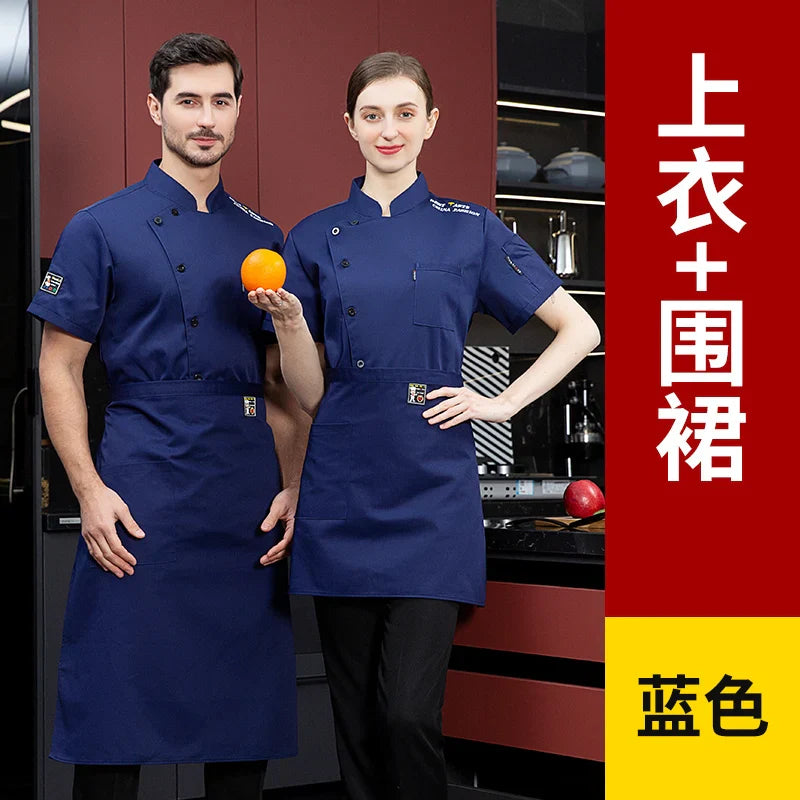 White Chef Restaurant Jacket Unisex Short-sleeved Chef Jacket Men's Women's Kitchen Clothing Bakery Waiter Uniform Apron Hat