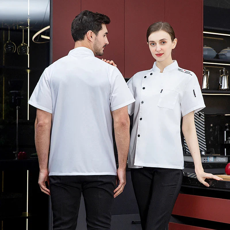 White Chef Restaurant Jacket Unisex Short-sleeved Chef Jacket Men's Women's Kitchen Clothing Bakery Waiter Uniform Apron Hat