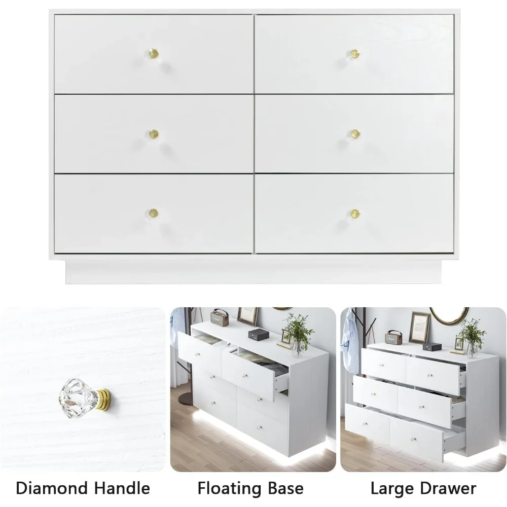 White LED 6 Drawer Dresser for Bedroom, Modern Dressers & Chests of Drawers with Diamond Handle