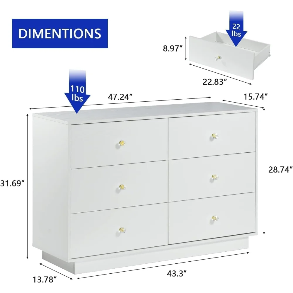 White LED 6 Drawer Dresser for Bedroom, Modern Dressers & Chests of Drawers with Diamond Handle