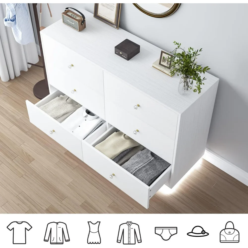 White LED 6 Drawer Dresser for Bedroom, Modern Dressers & Chests of Drawers with Diamond Handle