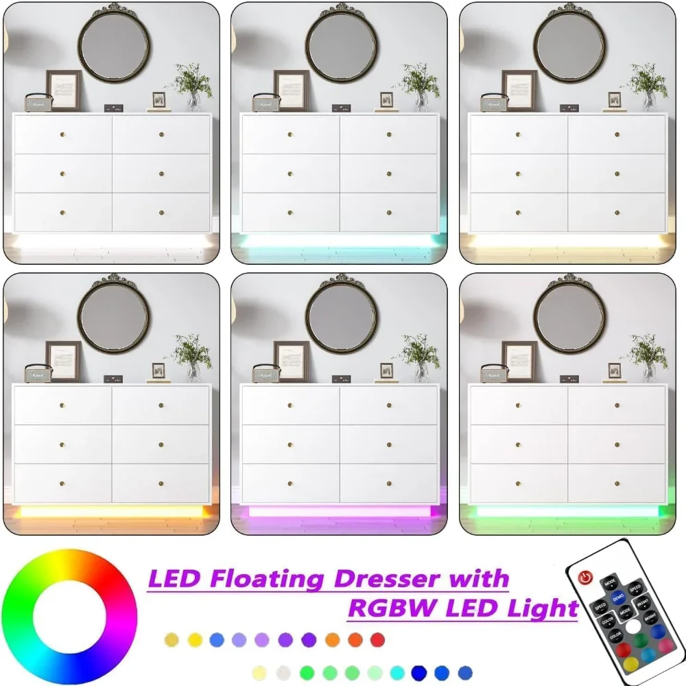 White LED 6 Drawer Dresser for Bedroom, Modern Dressers & Chests of Drawers with Diamond Handle