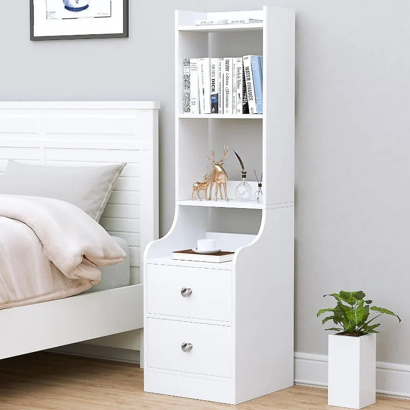 White Night Stand, 55“ Modern Nightstand Bedside Table with 4-Tier Open Shelves & 2 Drawers, Wood Night Stand for Bedroom