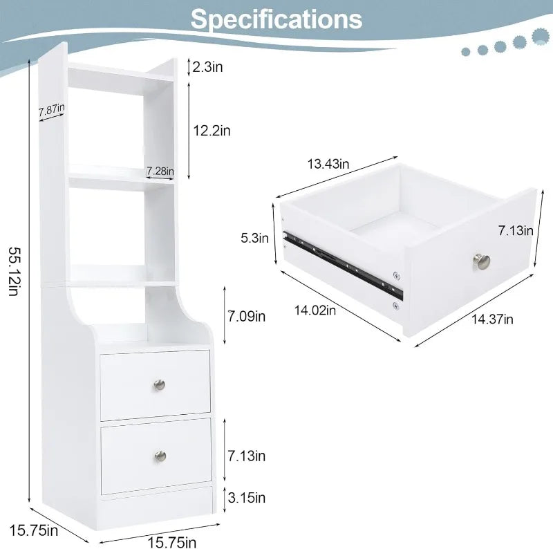 White Night Stand, 55“ Modern Nightstand Bedside Table with 4-Tier Open Shelves & 2 Drawers, Wood Night Stand for Bedroom