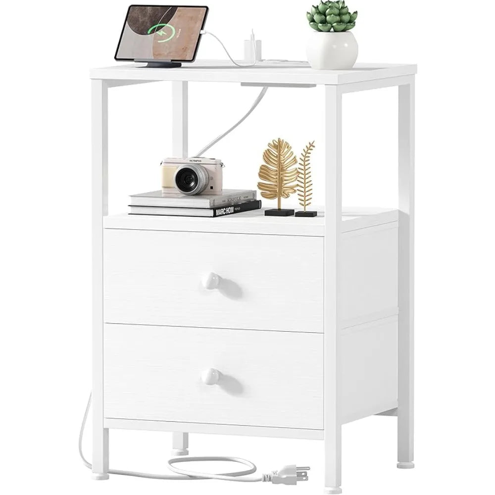 White Night Stand with Charging Station and USB Ports, Small Nightstand with Drawers and Shelf Storage End Table for Bedroom