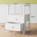 White Night Stand with Charging Station and USB Ports, Small Nightstand with Drawers and Shelf Storage End Table for Bedroom