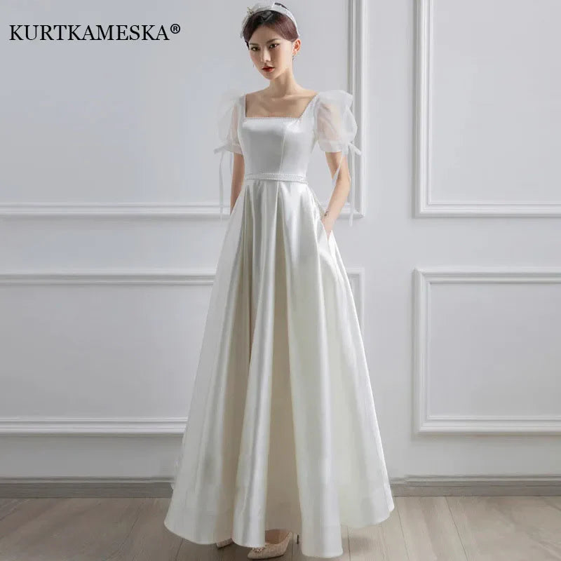 White Satin Wedding Dresses for Bride Formal Elegant Puff Sleeve Evening Guest Long Party Summer Dress Women Formal vestidos