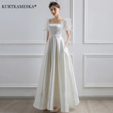 White Satin Wedding Dresses for Bride Formal Elegant Puff Sleeve Evening Guest Long Party Summer Dress Women Formal vestidos