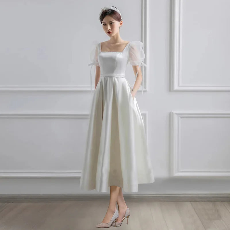 White Satin Wedding Dresses for Bride Formal Elegant Puff Sleeve Evening Guest Long Party Summer Dress Women Formal vestidos