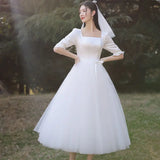 White Satin Wedding Dresses for Bride Formal Evening Elegant Mesh French Simple Hepburn Style Super Fairy Summer Dress Women