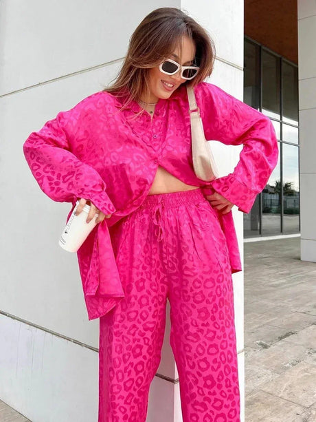 White Satin Wide Leg Trousers Suit for Women 2024 Spring Office Leopard Print Two-piece Set Home Tracksuit Women's Pajamas Sets