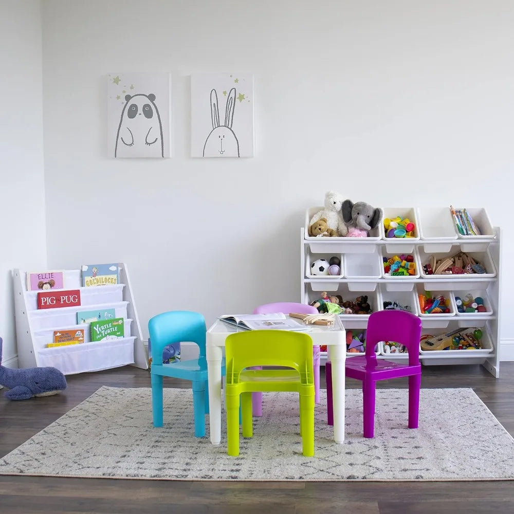 White Table/Pastel Chairs Kids Plastic 4 Set， Children Desk and Chair Set